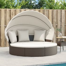 Patio Lounge Bed with Canopy and Cushions Brown Poly Rattan