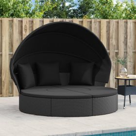 Patio Lounge Bed with Canopy and Cushions Black Poly Rattan