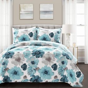 King size Blue Grey Flowers Lightweight Polyester Microfiber Quilt Set