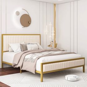 Queen size Gold Metal Platform Bed Frame with Upholstered Headboard