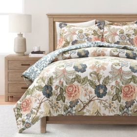 King/Cal King Floral Country Cottage Blue Green Coral Beige Comforter Set