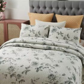 King size Boho Floral Botanical Flowers Beige Grey Reversible Quilt Set