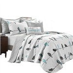 King Size Blue Grey Birds On Wire Lightweight 7 PCS Quilt Set