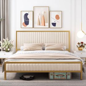 King size Gold Metal Platform Bed Frame with Upholstered Headboard