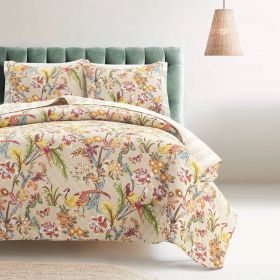 King size 3 Piece Peacock Birds Floral Lightweight Polyester Quilt Set Tan