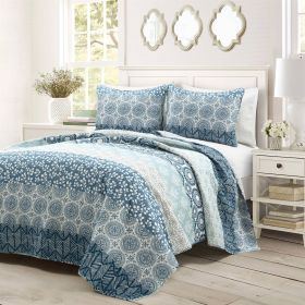 King Size Lightweight 3 Piece Reversible Botanical Blue Damask Quilt Set